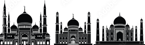 Islamic architecture silhouette set featuring mosque icons with domes and minarets, elegant middle eastern religious buildings for ramadan kareem and eid mubarak designs