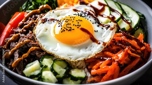 Beautifully plated Korean bibimbap with a sunny-side-up egg on top: A close-up of a colorful bibimbap bowl featuring a sunny-side-up egg at the center, surrounded by neatly arranged vegetables, beef,