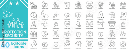 Protection security icon set.including CCTV, Security, protection, cyber security, lock, biometric, surveillance and more. Vector and illustrator set.
