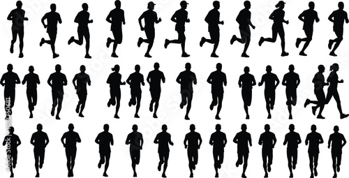 Large set of runner silhouettes in different poses, marathon athletes jogging, fitness group training, people running vector illustration, sports community, healthy lifestyle
