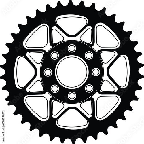 Mechanical metal gear sprocket wheel icon, industrial bicycle or motorcycle chain drive part vector illustration, technical engineering component isolated black silhouette silhouette
