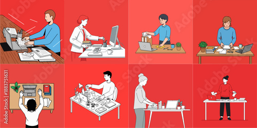 vector illustration set of people tidying up their desks