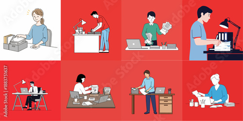 vector illustration set of people tidying up their desks