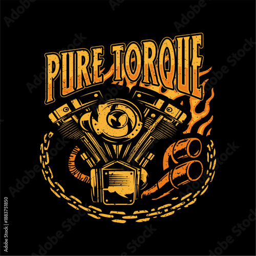 Vintage Gritty Motorcycle Machine with 'PURE TORQUE' Slogan Distressed Vector Illustration