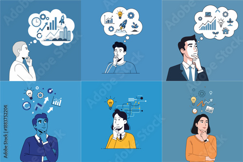 Vector illustration Set of a person thinking about the future on a blue background