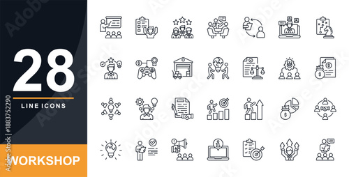 Workshop Solid Icon set. Containing Workshop, Activity, Experience, Devices, Coaching, Online Workshop, Strategy
