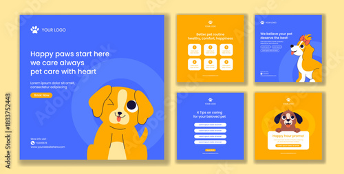 Pets Care Services Flat Cartoon Hand Drawn Social Media Post Templates Background Illustration