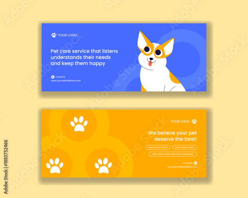 Pets Care Services Horizontal Banner With Flat Cartoon Hand Drawn Style Illustration