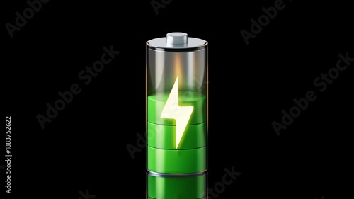 Wallpaper Mural 3D glass battery charging animation with glowing lightning symbol showing green power levels on black background Torontodigital.ca