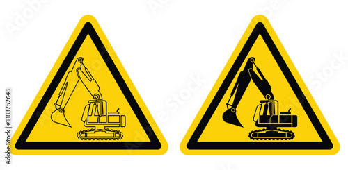Warning Signs Featuring Construction Excavator Equipment in Yellow Triangle