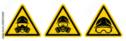 Warning Signs Featuring Respirator Mask and Safety Helmet Icons