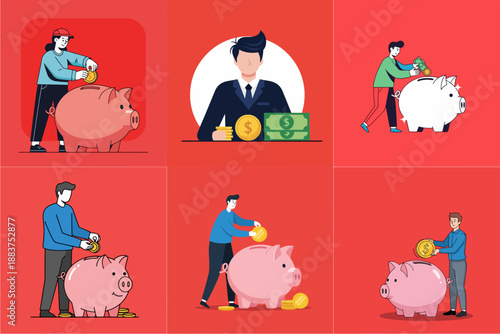 Vector illustration Set of a person saving money on a pink background