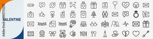 Valentine's Day and Romantic Love Thin Line Icons