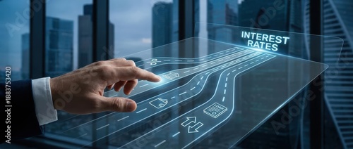 Interest rates adjustment and monetary policy concept with banker hand setting financial percentage levels on a digital dashboard to manage loan costs and economic growth strategy.