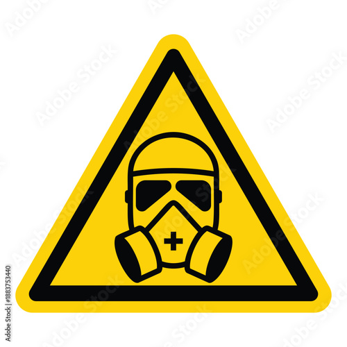 Caution Sign Featuring Gas Mask Symbol on Yellow Background for Safety Awareness