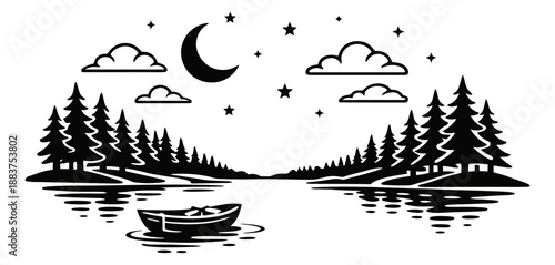 Minimal line art illustration of a night lake scene depicting a crescent moon, stars, trees, and a boat for tranquil nature concepts