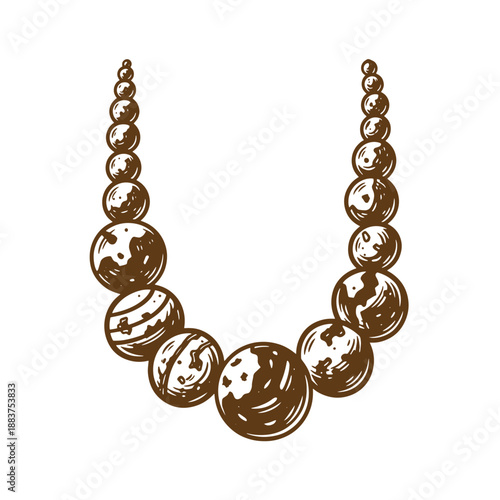 Drawing Vintage grunge  texture Brown beads necklace illustration in vintage style with white highlights on white background