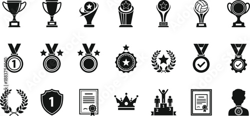 Professional achievement award icon set featuring golden trophies, medals, winner podiums, laurel wreaths, certificates, and royal crown silhouette symbols