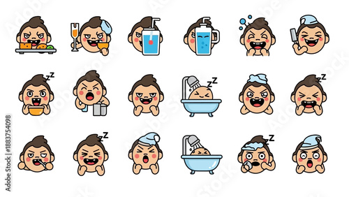 Cartoon Man Hygiene Routine Facial Expressions.