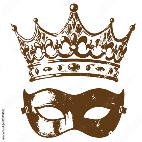 Drawing Vintage grunge  texture Brown crown and masquerade mask on white background for party and royal theme designs