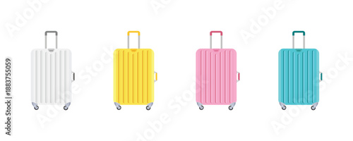 Set of colorful travel suitcase. Travel luggage bag set in yellow, blue, pink and white. Collection for holiday trip adventure vector illustration.