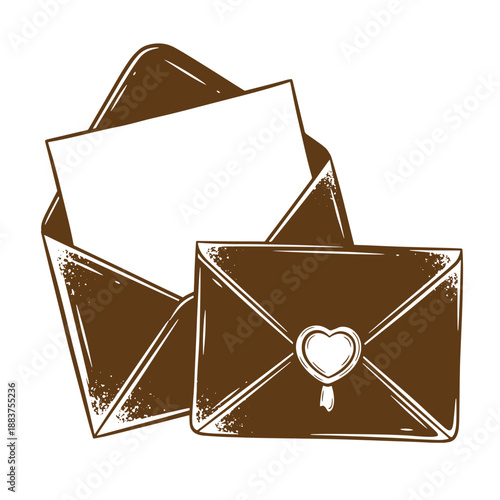 Drawing Vintage grunge  texture Brown envelopes with heart seal and blank card for love letters or romantic messages