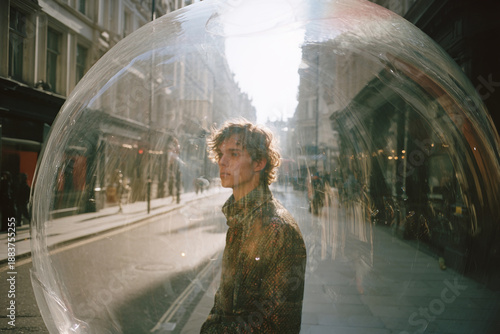 Man isolated in bubble on urban street