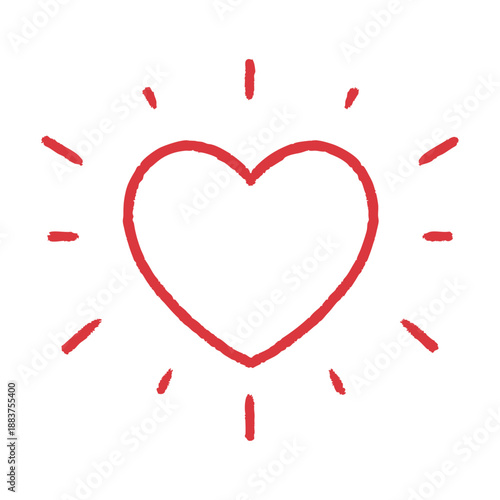 太陽のようにピカピカ光るハートのフレーム。赤いペンでハートを描いたベクターイラスト。バレンタインのプロモーションや恋愛系の動画投稿のスタンプ素材に適した手描きのアイコン素材