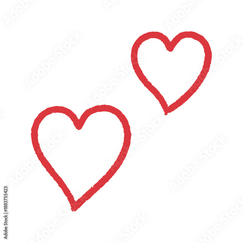 2つ並んだシンプルなハート。赤いペンでハートを描いたベクターイラスト。バレンタインのプロモーションや恋愛系の動画投稿のスタンプ素材に適した手描きのアイコン素材