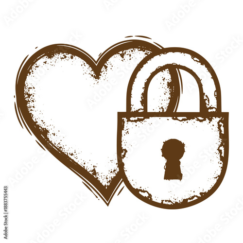 Drawing Vintage grunge  texture Brown heart and padlock icon with grunge effect isolated on white background