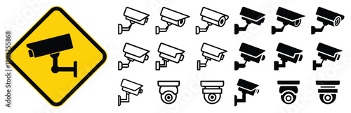 Security Camera Icons Set with Warning Sign for Surveillance and Safety