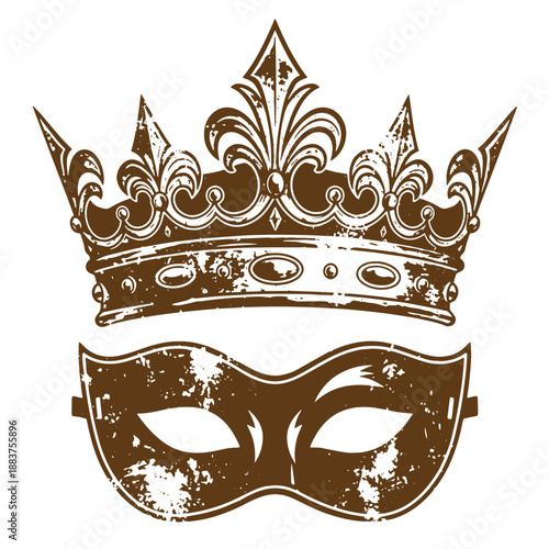 Drawing Vintage grunge  texture brown illustration of a crown and a mask on white background  carnival  party  masquerade  royal  decorative  festive  elegant  mysterious  artistic  vintage style