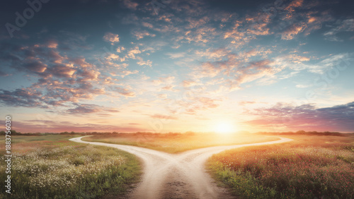 two roads diverge in different directions, symbolizing the choice between two paths or options in the early morning light of a beautiful meadow with grass and flowers
