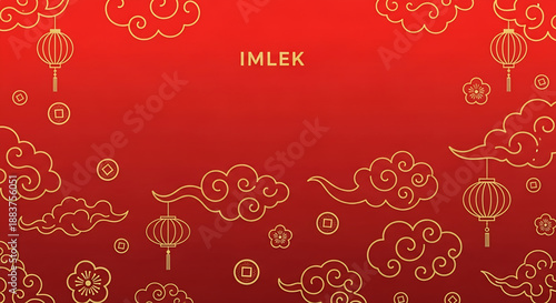 Vibrant red and gold illustration of lanterns and clouds celebrating cultural festivities from an aerial viewpoint