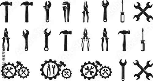 Professional hand tool icon set featuring hammers, wrenches, pliers, screwdrivers, and gear mechanism silhouettes for industrial repair and construction