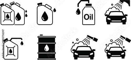 Automotive service icon set featuring engine oil canisters, fuel barrels, car wash symbols, and oil drop maintenance silhouettes