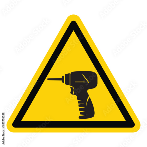 Warning Sign for Power Tool Safety with Drill Icon in Triangle Shape