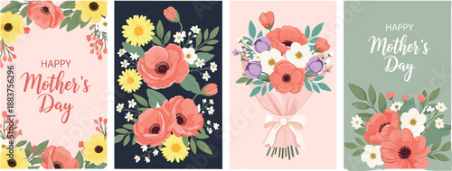 Set of Happy Mother's Day greeting cards with beautiful spring flower bouquets, floral frames, elegant blossom illustrations, and romantic botanical posters