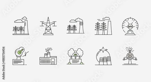Power Generation and Energy Icons Set: Electricity, Factory, Transmission Tower, and Sustainable Resources Line Art Vector Collection