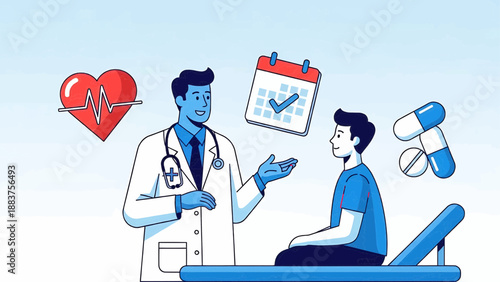 Doctor explaining medical chart to patient on examination table in a clinical setting from a front viewpoint