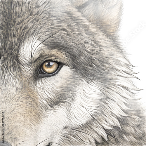 Intense close-up of a wolf's eye and textured fur, capturing its natural gaze and raw emotion, conveying power and resilience in the wild.