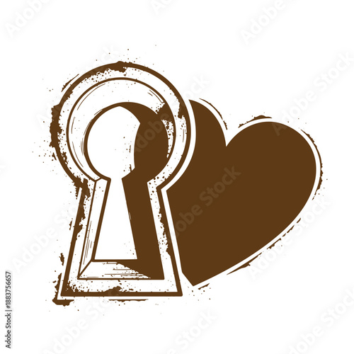 Drawing Vintage grunge  texture brown key and heart symbol isolated on white background