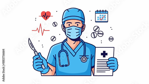 A medical professional in blue scrubs holding a scalpel and medical chart surrounded by health symbols from a front view