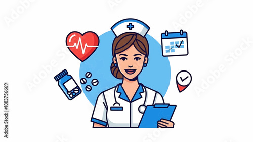 Medical professional reviewing patient data on tablet surrounded by health icons and symbols