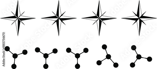 Minimalist vector set featuring four-pointed compass stars and abstract circular molecule connecting nodes for geometric and scientific designs