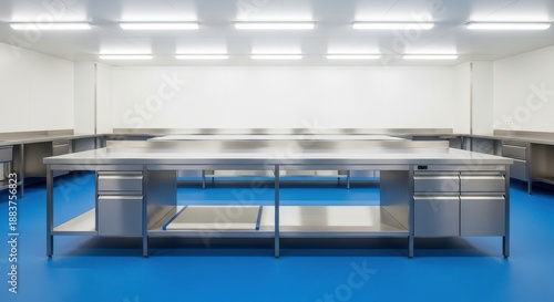 Clean stainless steel worktable in a professional commercial kitchen environment ready for food preparation
