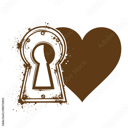 Drawing Vintage grunge  texture Brown keyhole and heart symbol with grunge effect on white background