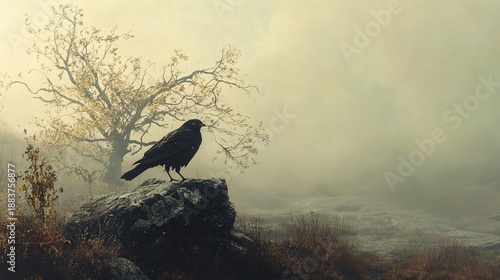 Mystical Raven on a Foggy Rock, A Dramatic Nature Scene with Atmospheric Light