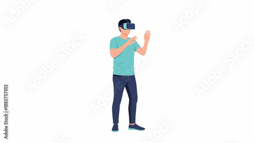 An illustrated man wearing a virtual reality headset, actively interacting with an immersive digital environment.