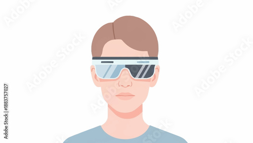 Front view of a person wearing modern smart glasses or an augmented reality headset, representing future technology.